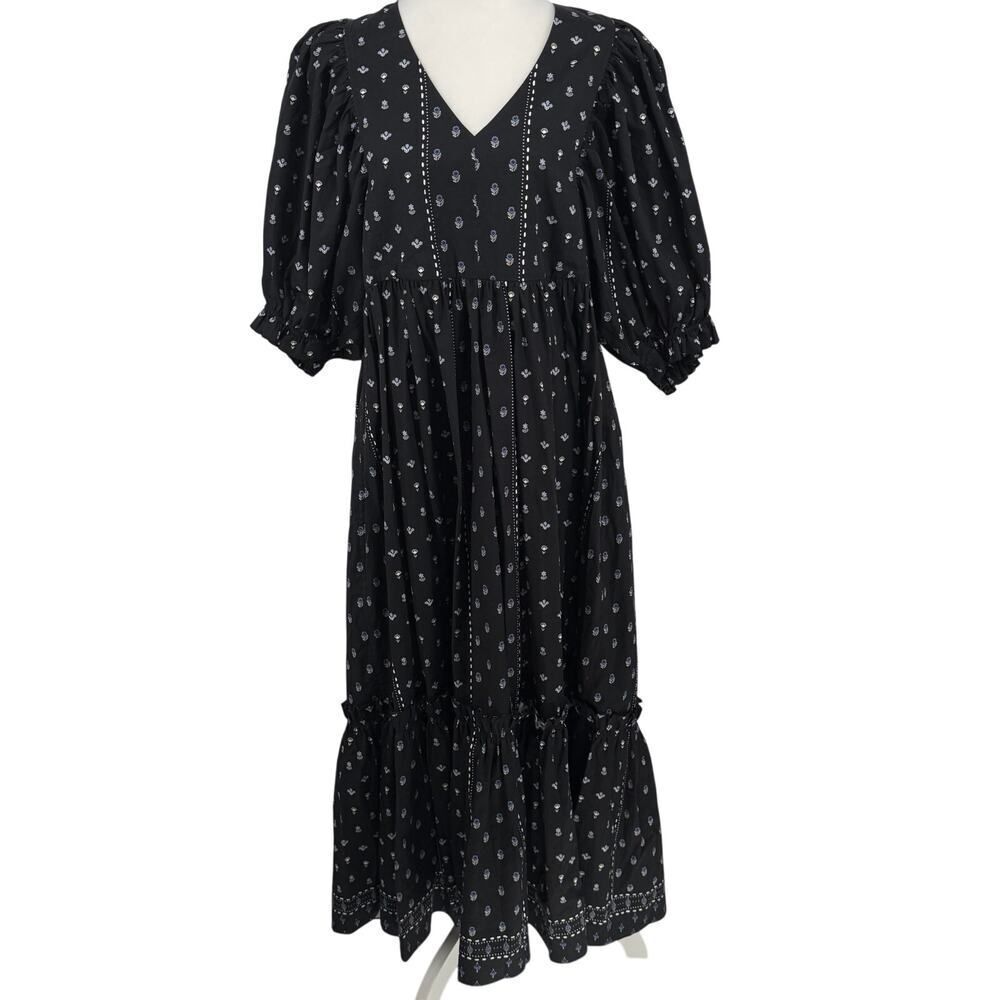 Hunter Bell Puff Sleeve Maxi Dress | Black with Blue Floral Print | Sz L | EUC